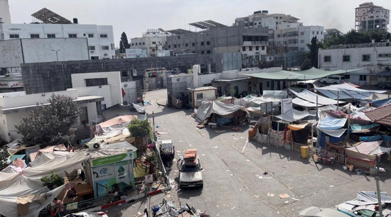 Tents and other shelters used by displaced Palestinians in the yard of al-Shifa Hospital on Sunday.