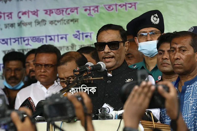 Awami League general secretary Obaidul Quader speaks at the inauguration of central Janmastami rally in the capital’s Palashi intersection on Friday afternoon. 