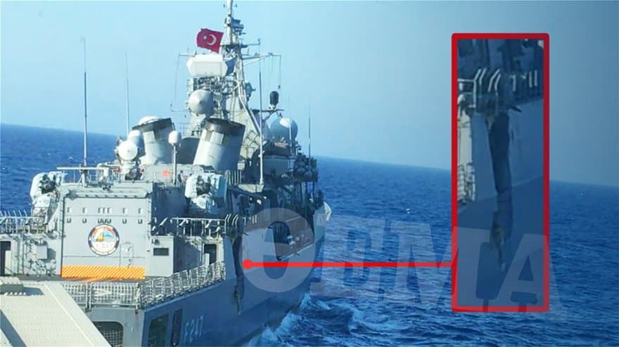 Turkish Kemal Reis damaged by the Greek frigate Limnos.