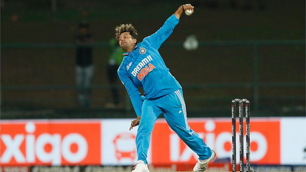 Kuldeep Yadav of India bowls during the Asia Cup Group A match between India and Nepal at Pallekele International Cricket Stadium on September 4, 2023 in Kandy, Sri Lanka