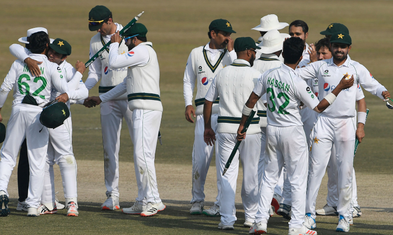 Pakistan's players celebrate after winning the Test series against South Africa during the fifth and final day of the second Test cricket match between Pakistan and South Africa at the Rawalpindi Cricket Stadium in Rawalpindi on Monday. — AFP