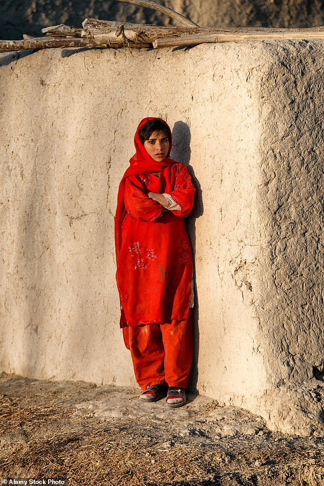Mohammad Tahir Zuhair, the provincial governor of Bamyan, said the plan to abduct and marry women was a ‘dangerous and cruel revenge on the wives and widows of the security forces who have fought’ the Taliban. (Pictured, a young Afghan Girl in a red Panjabb stands outside a compound in helmand Province)