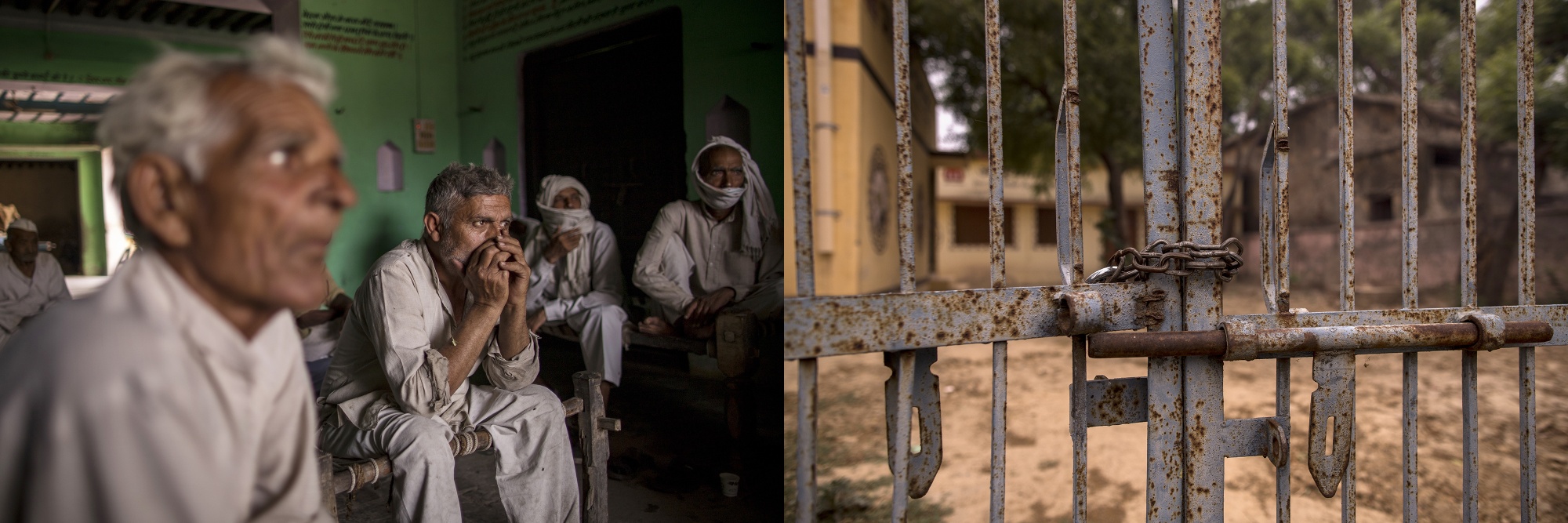 Village elders listen as Saheb Singh (unseen) speaks to to Bloomberg about the second wave of Covid in his village Bassi, in Baghpath, Uttar Pradesh, India 