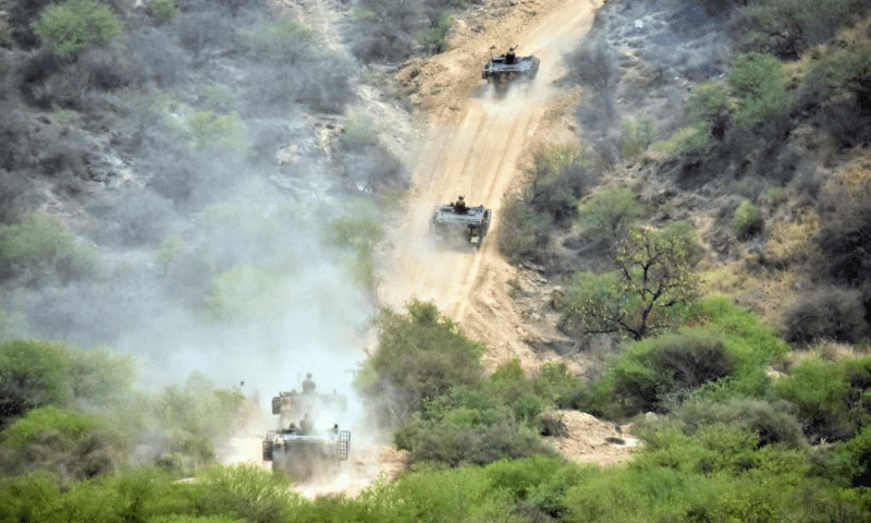 Vehicles of the Pakistan Army in action during Exercise Hammer Strike conducted by the Pakistan Army at the Tilla Field Firing Ranges on May 1. — ISPR