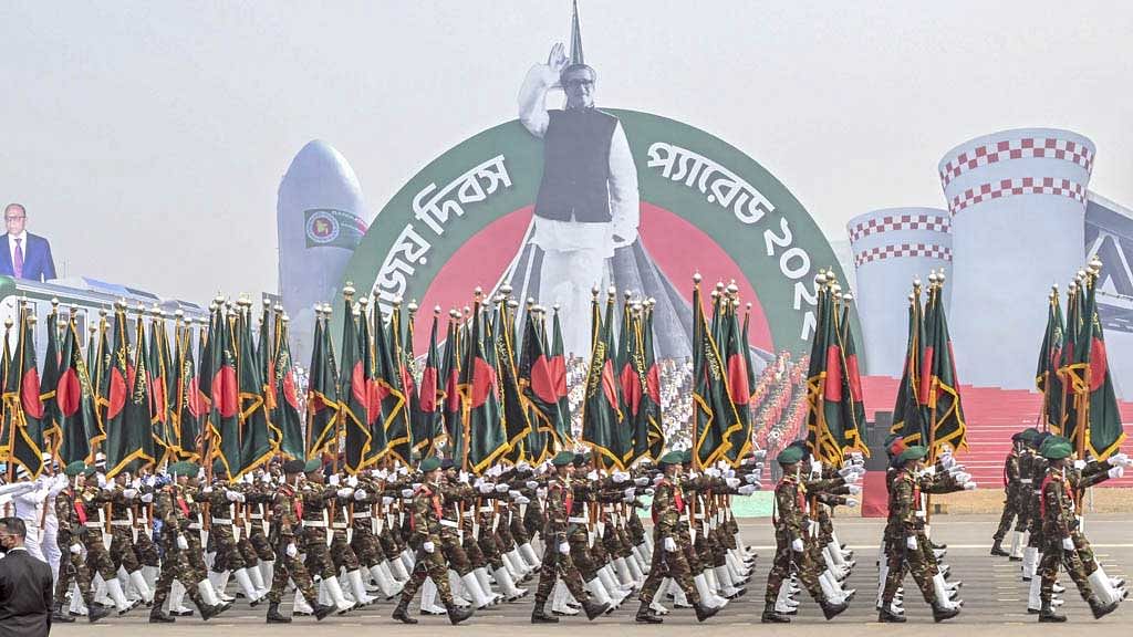 Bangladesh troops march during Victory Day parade in Dhaka on Dec 16, 2022.