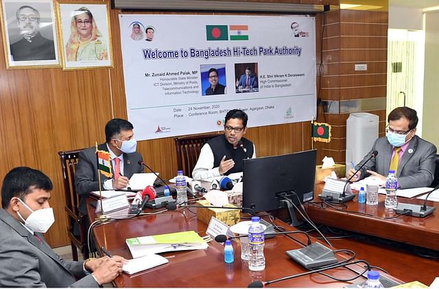 Indian High Commissioner in Dhaka Vikram Kumar Doraiswami calls on state minister for Information and Communication Technology Zunaid Ahmed Palak at the Bangladesh Hi-Tech Park conference room at ICT Tower in Agargaon, Dhaka on 24 November 2020