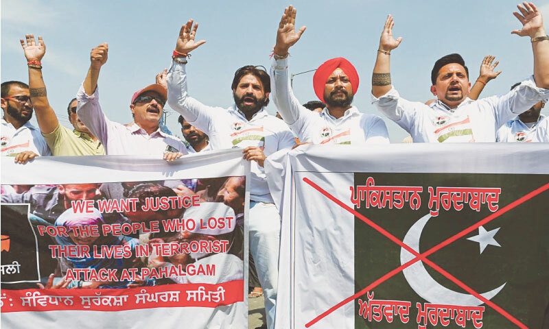  Indians protesting against Pakistan at the Wagah border on April 24, 2025 in wake of the Pahalgam attack: in bashing Pakistan, there’s no real difference between the right and the left in India | AFP 