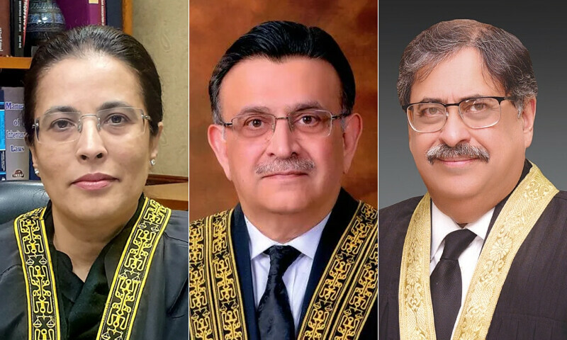 <p>Justices Ayesha Malik, Umar Ata Bandial and Athar Minallah.</p>