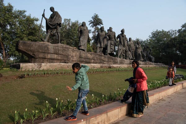 A statue of Gandhi in New Delhi. Gandhi is a symbol of nonviolent struggle around the world, but to some Hindu monks, he is a Muslim appeaser.