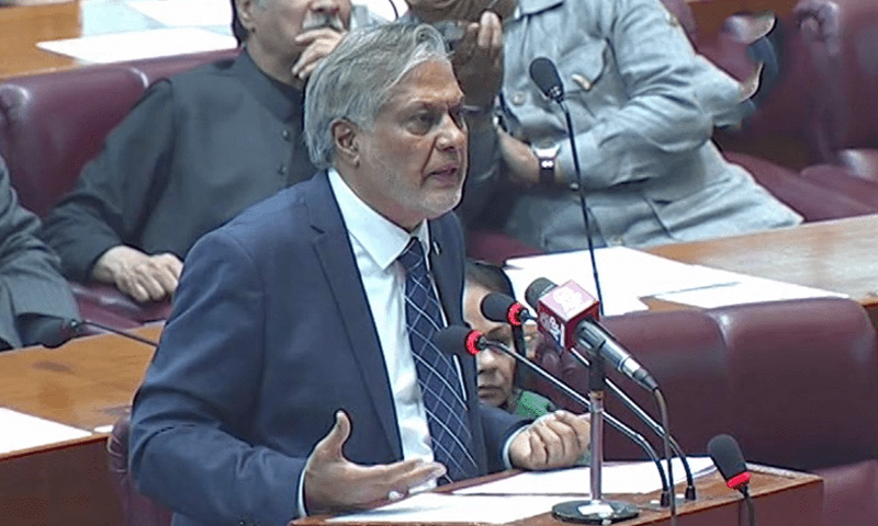 <p>Finance Minister Ishaq Dar speaks in the National Assembly session on Monday. — DawnNewsTV</p>