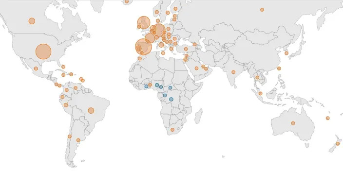 A map of the world shows the global distribution of cases in the 2022 outbreak of monkeypox.