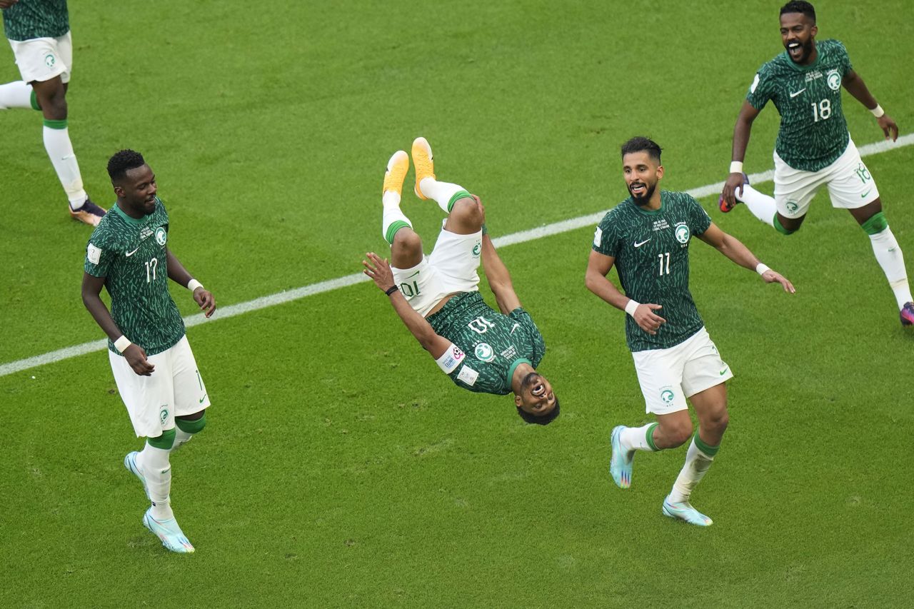 Saudi Arabia's Salem Al-Dawsari does a flip after scoring his team's second goal against Argentina on Tuesday, November 22. Saudi Arabia won 2-1 in <a href=https://www.cnn.com/2022/11/22/football/lionel-messi-argentina-saudi-arabia-2022-world-cup-spt-intl target=_blank>one of the biggest upsets in World Cup history</a>.