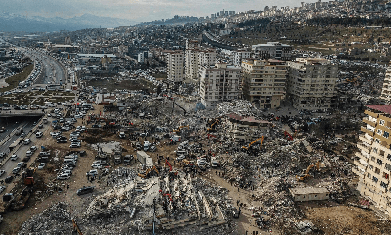 <p>This aerial view shows collapsed buildings during the ongoing rescue operation in Kahramanmaras, the epicentre of the first 7.8-magnitude tremor five days ago, in southeastern Turkey, on February 10. — AFP</p>