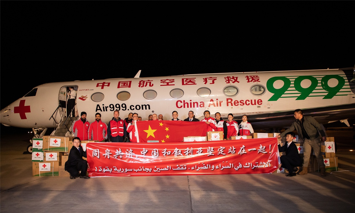 China’s first batch of medical assistance arrived at Damascus around 7:30 pm on Thursday with medicines and supplies for the use of 5000 personnel and more supplies and medical equipment are on the road to the earthquake-hit country. Photo: Xue Dan