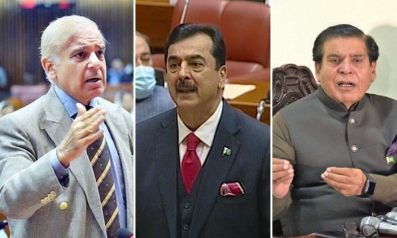 This combo photo shows Prime Minister Shehbaz Sharif (far left) and former premiers Yousaf Raza Gilani (middle) and Raja Pervaiz Ashraf. — Photos: APP/Online/DawnNewsTV