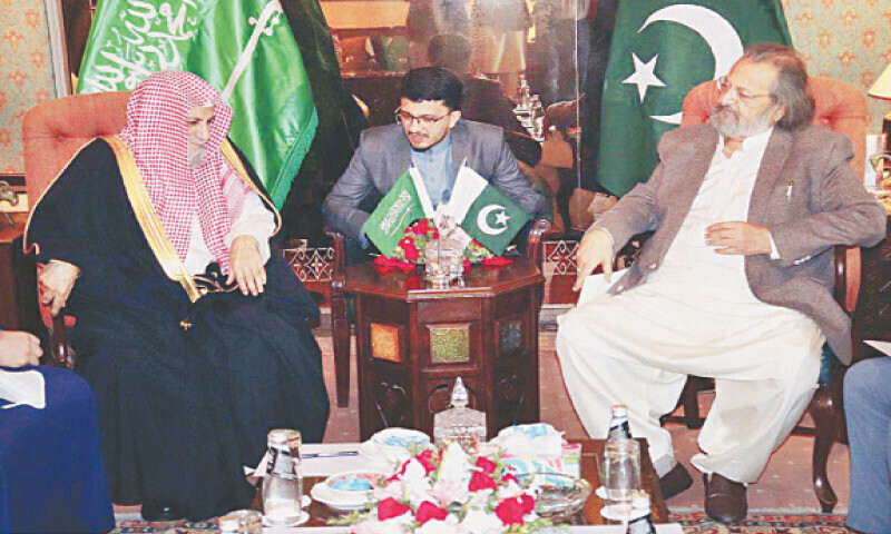 Dr Saleh bin Abdullah bin Humaid meets caretaker Education Minister Madad Ali Sindhi in Islamabad on Wednesday. — APP