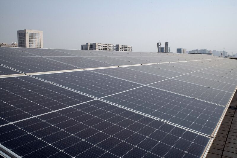 Solar panels on the rooftop of an office building in Xi'an, China.