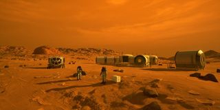 This concept design shows future astronauts on Mars. A new study shows how future astronauts might use local materials to make methane-based rocket fuel to get home. 
