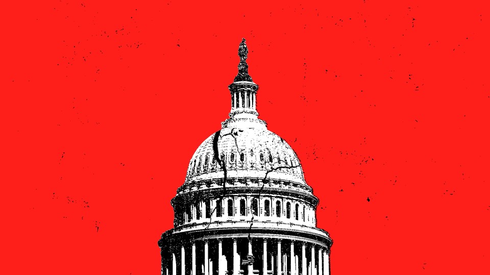 An illustration of the U.S. Capitol with cracks in it