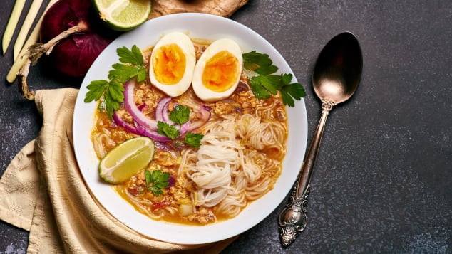 This version of mohinga features catfish, rice noodles, chicken eggs and lime. 