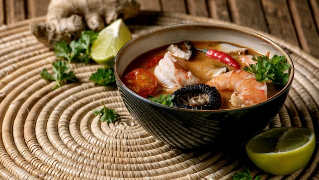 Shiitake mushrooms and prawns are the stars of this version of tom yum soup.