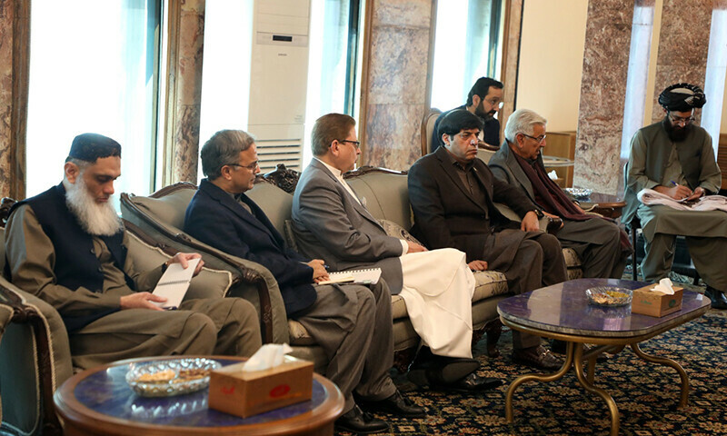 A Pakistani delegation led by Defence Minister Khawaja Asif and including DG ISI meets Afghanistan’s Acting First Deputy Prime Minister of Afghanistan for Economic Affairs Abdul Ghani Baradar on Wednesday.—Photo from Afghan Prime Minister’s Office