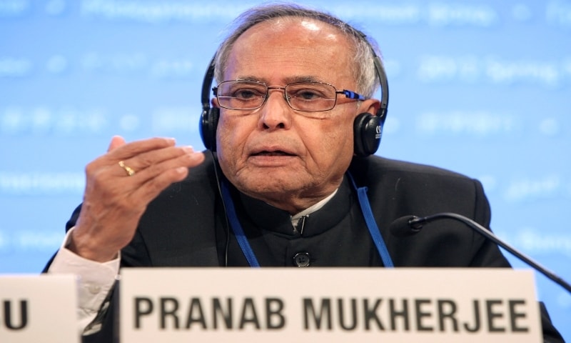 Pranab Mukherjee, who was formerly India's finance minister, speaks at a news conference during the spring International Monetary Fund-World Bank meetings in Washington on April 19, 2012. — Reuters