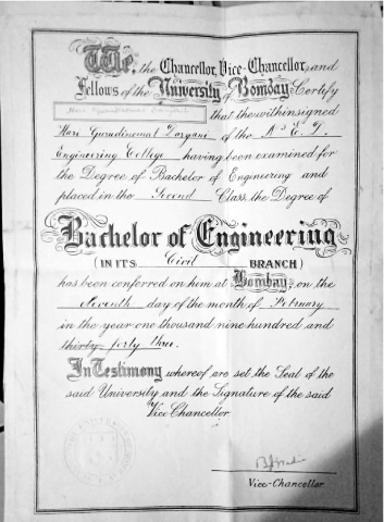 A Bachelor of Engineering degree awarded to Mr Hari Gurdinomal Daryani, a noted Sindhi writer and one of the earliest students at NED, by the University of Bombay in 1943 | Courtesy Mr Ram Daryani
