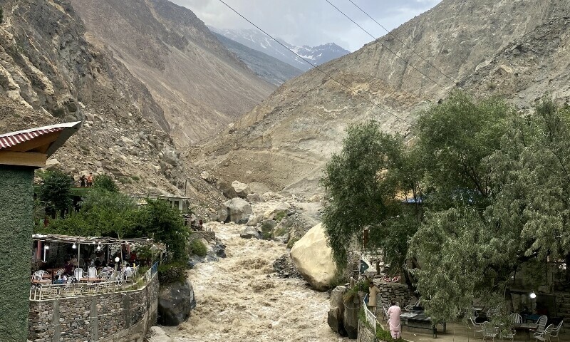 The Indus river never leaves the side of the Karakoram Ranges.