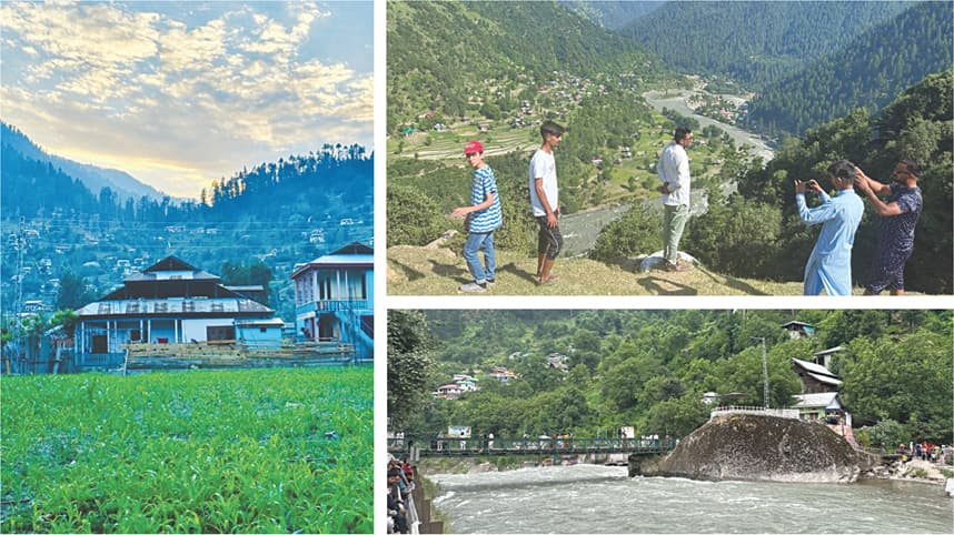 Clockwise: Typical houses made of mud, wood and tin sheets at the 5,500 feet high Upper Neelum village of Neelum Valley through which runs a track to the breathtakingly beautiful Baboon sub valley; tourists take pictures in Upper Neelum village which also overlooks the famous divided Keran village in Azad and occupied Kashmir on the right and left banks of Neelum River respectively and  a view of a foot bridge over roaring Jagran Nullah at one of the most attractive tourist spots near Kundal Shahi town. — Photos by the writer