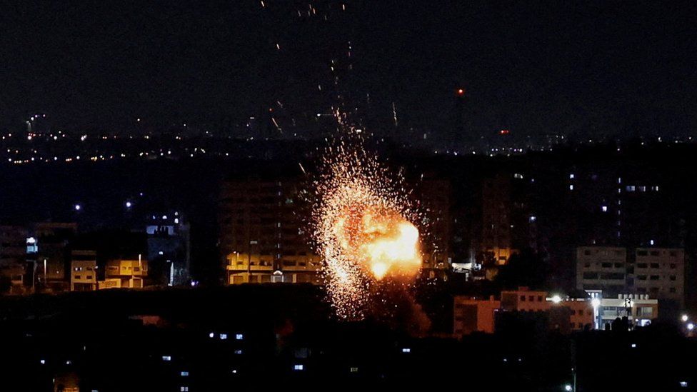 An explosion is seen in Gaza following an Israeli air strike (2 May 2023)