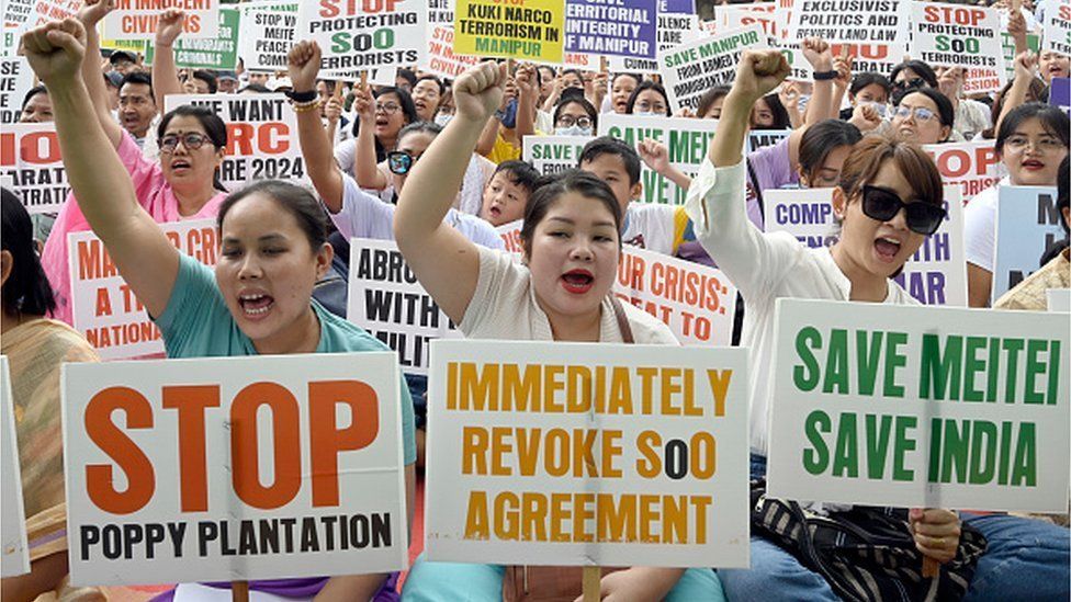 Meitei community people of Manipur take part in a protest at Jantar-Mantar, on June 4, 2023 in New Delhi, India. The rally was organized by the Manipur Coordination Committee, an umbrella group of civil society organizations and students' bodies.