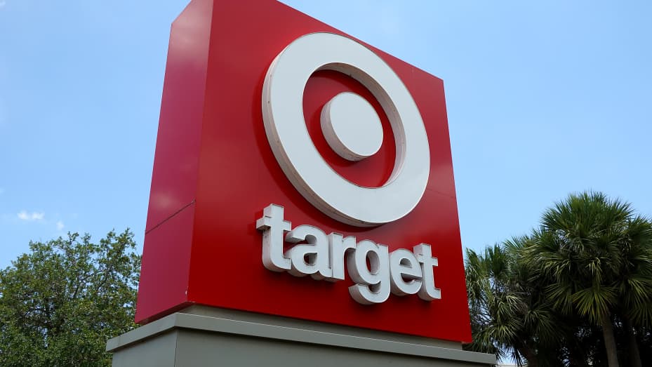 NORTH MIAMI BEACH, FLORIDA - MAY 17: A sign outside of a Target department store on May 17, 2023 in North Miami Beach, Florida. The Target Corporation reported first quarter earnings per share of $2.05, down 4.8 percent from $2.16 in 2022. The retailer said that second-quarter earnings are expected to be below analyst estimates. (Photo by Joe Raedle/Getty Images)