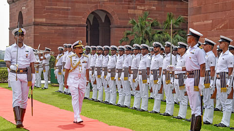 Chief of Naval Staff of the Bangladesh Navy, Admiral Mohammad Nazmul Hassan inspects Guard of Honour, at South Block in New Delhi on 13 September, 2023