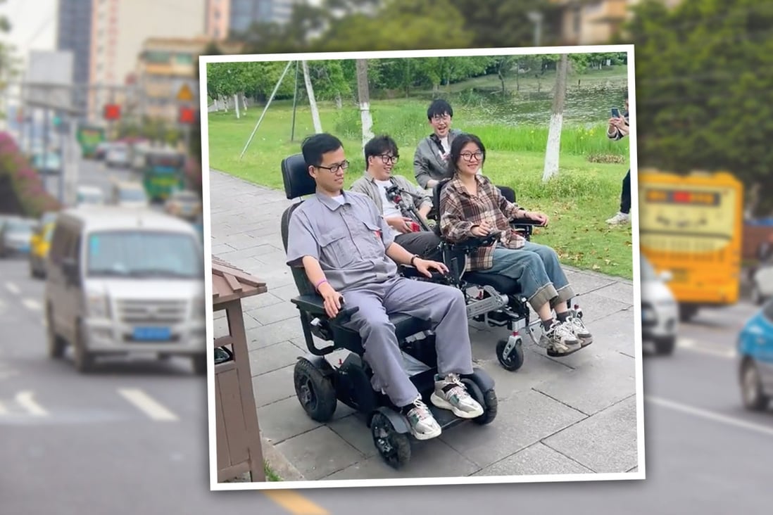 Able-bodied young people in the southern Chinese city of Guangzhou are switching from e-bikes to electric wheelchairs in a bid to dodge tightened rules on the former. Photo: SCMP composite/YouTube/@videoupper