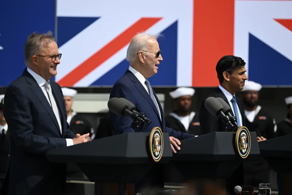 SAN DIEGO, CA - MARCH 13: U.S. President Joe Biden delivers remarks on Australia â United Kingdom â United States (AUKUS) Partnership as Prime Minister Rishi Sunak (R) of the United Kingdom and Prime Minister Anthony Albanese of Australia (L) participate at Naval Base Point Loma in San Diego, California, United States on March, 13, 2023. (Photo by Tayfun Coskun/Anadolu Agency via Getty Images)