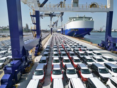 Commercial vehicles being readied for export via ro-ro ships at Yantai Port in Yantai, Shandong province, China, 5 July 2023 (Photo: Costfoto/NurPhoto via Reuters).