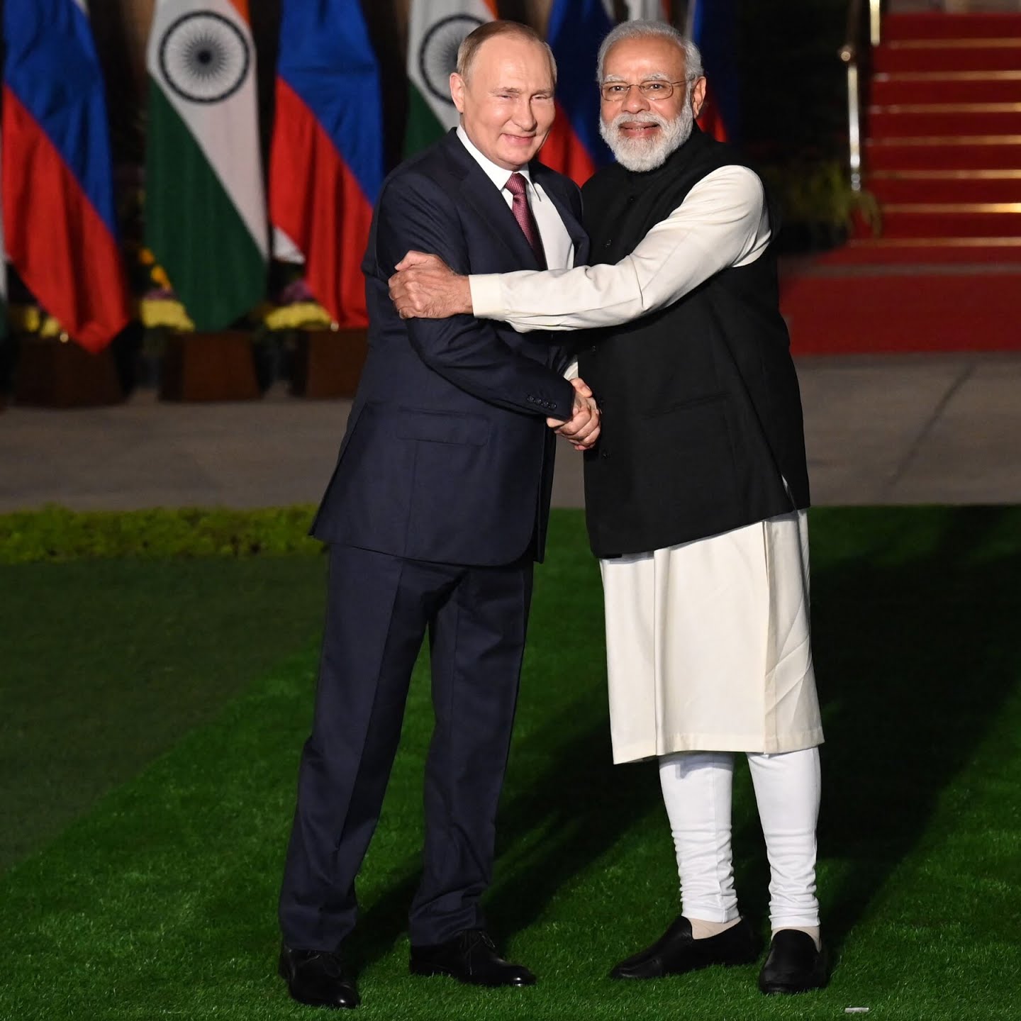 Indian Prime Minister Narendra Modi greeting Mr. Putin before a meeting in New Delhi in December 2021.