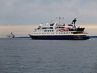 alt= Silja Europa and National Geographic Orion departing Tallinn 28 August 2016