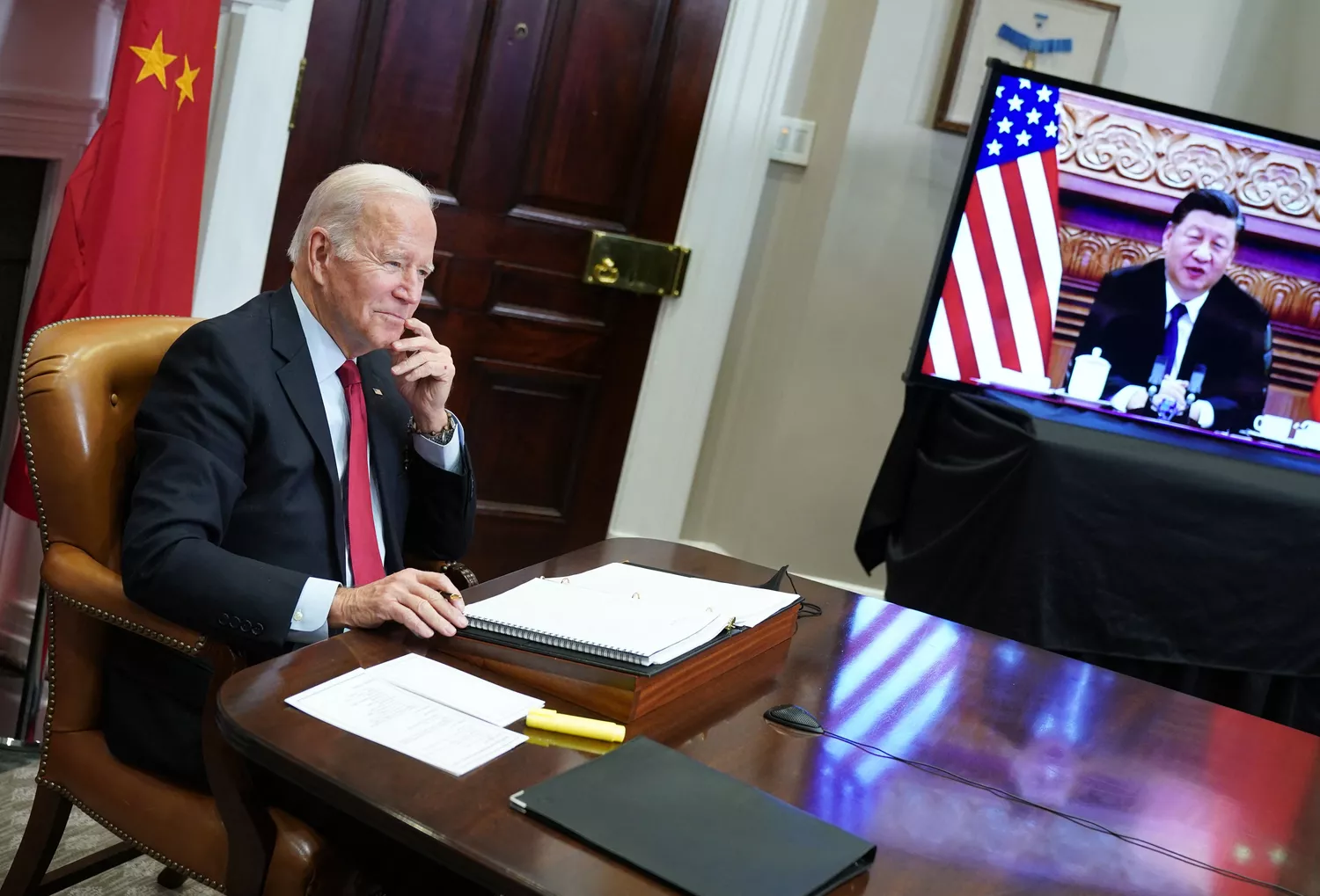 US President Joe Biden meets with China's President Xi Jinping during a virtual summit from the Roosevelt Room of the White House in Washington, DC, November 15, 2021. 