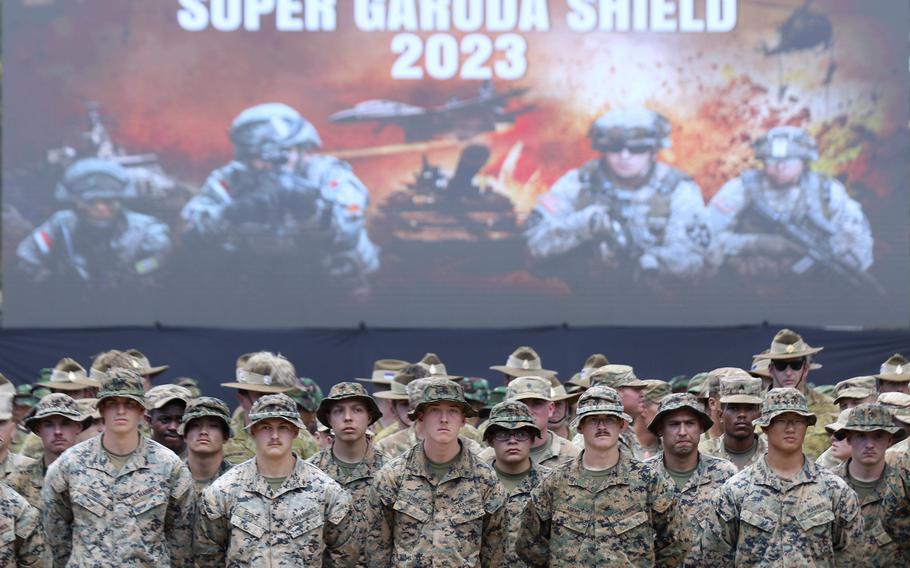 U.S. Marines attend the opening ceremony of Super Garuda Shield 2023 in Baluran, East Java, Indonesia, Thursday, Aug. 31, 2023. Soldiers from the U.S., Indonesia and five other nations began the annual training exercises Thursday on Indonesia's main island of Java while China's increasing aggression is raising concern. 