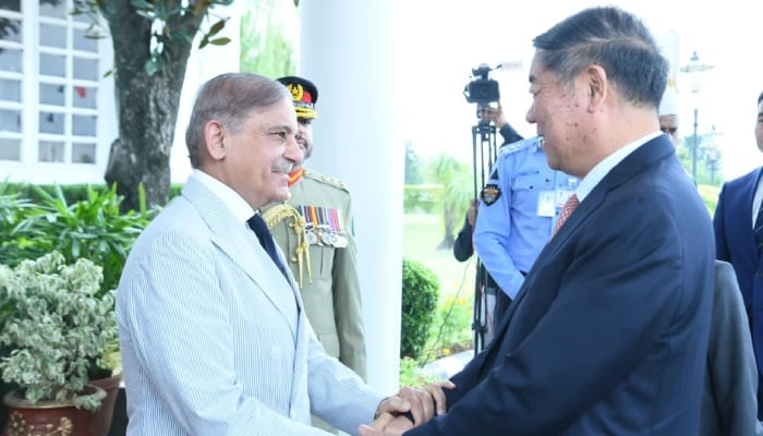 Prime Minister Muhammad Shehbaz Sharif receives Chinese Vice Premier He Lifeng upon his arrival at Prime Ministers House in Islamabad, on July 31, 2023. — Twitter/@PakPMO